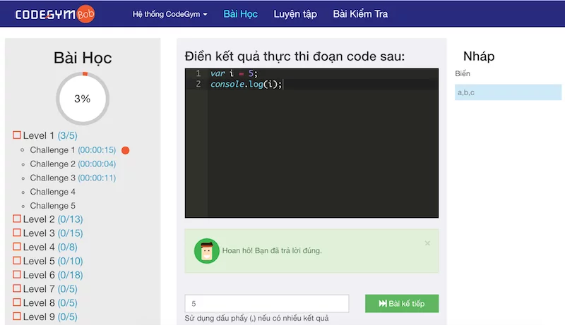 Giao diện của CodeGym Bob
