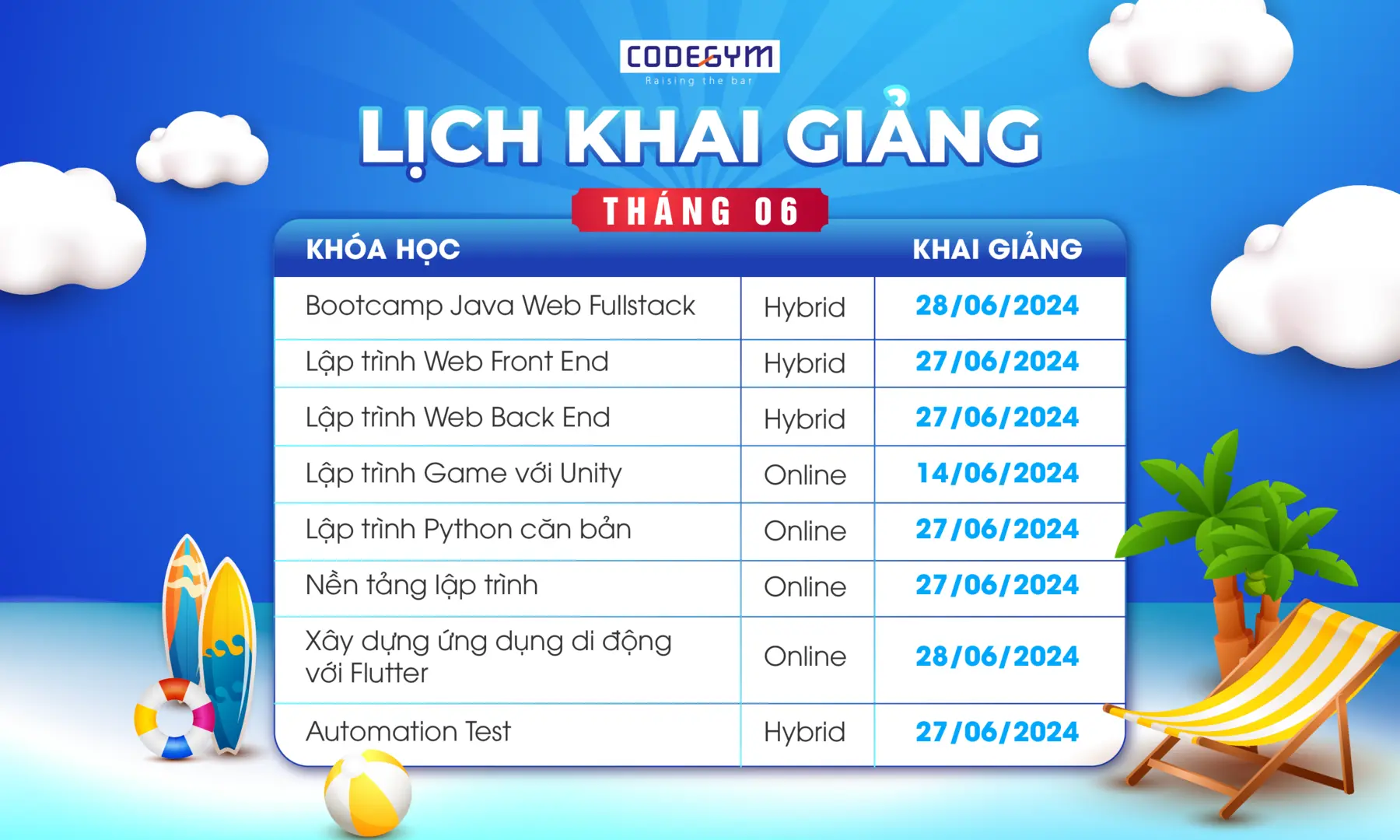 lịch khai giảng tháng 6/2024