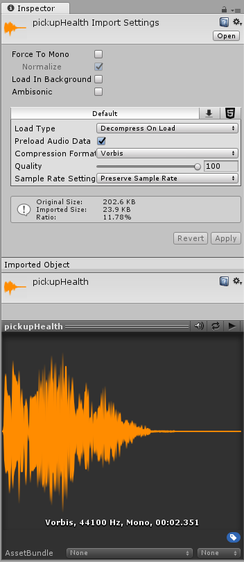 AudioClip Unity mô tả file .wav, .mp3, .ogg được import