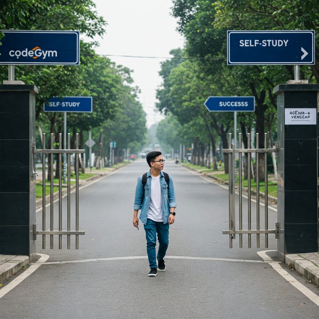 Một bạn trẻ bước qua “cổng CodeGym”, phía trước là con đường với biển chỉ “Tự học” và “Thành công”