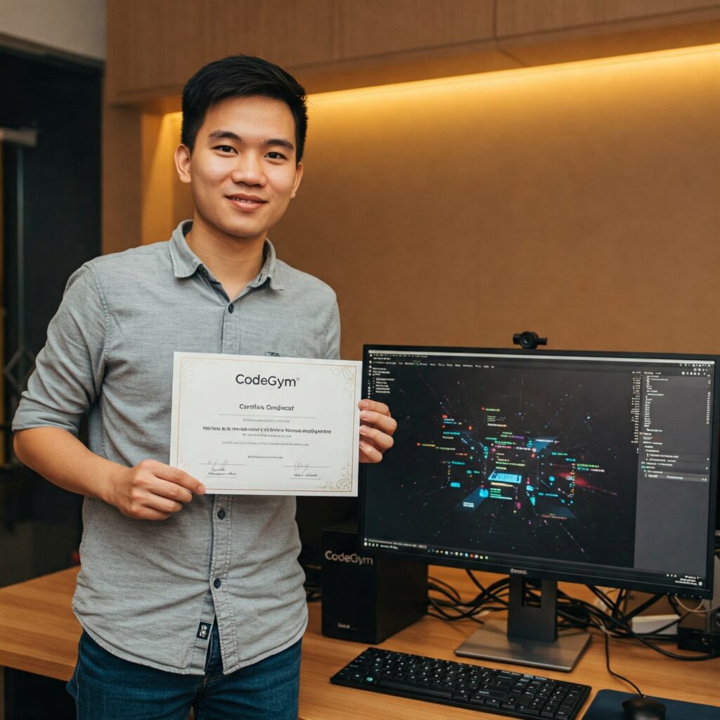 Một bạn trẻ cầm chứng chỉ CodeGym, bên cạnh là màn hình máy tính hiện dự án “xịn sò”