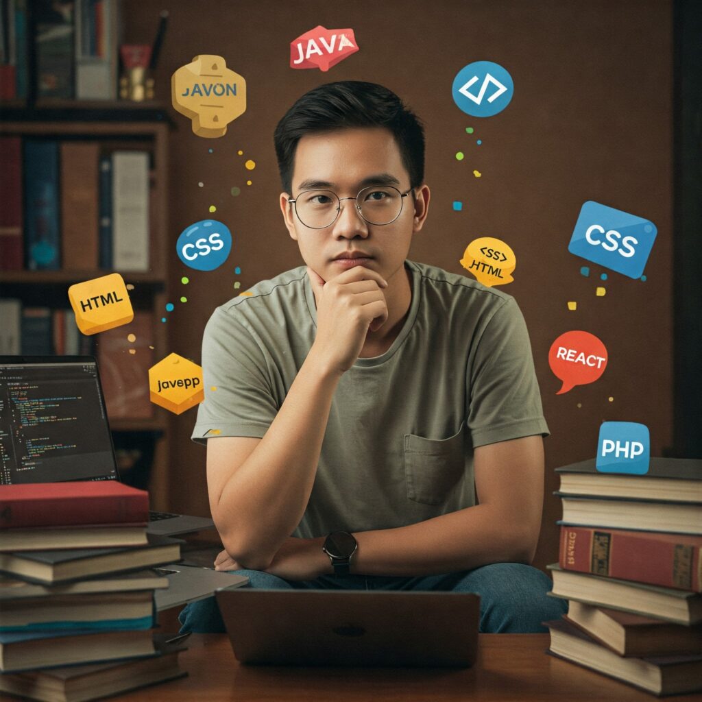 Một bạn trẻ ngồi giữa đống sách và laptop, với các logo công nghệ “bay” xung quanh.