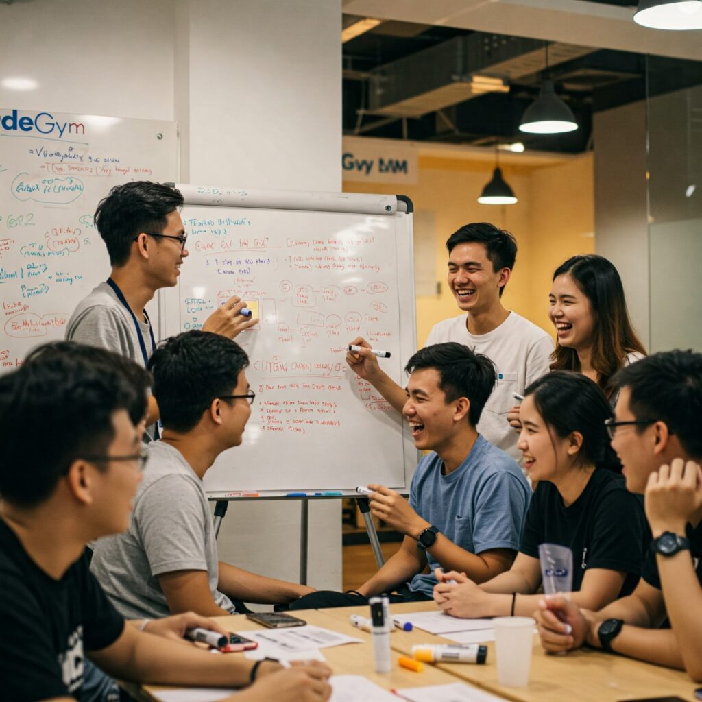 Nhóm bạn trẻ ở CodeGym cùng ngồi quanh bàn, cười nói và vẽ ý tưởng lên bảng.